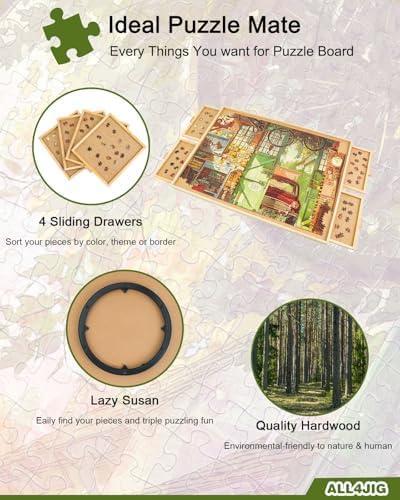 imageALL4JIG 1000 Piece Rotating Puzzle Board with Drawers 22quotx30quotPortable Wooden Jigsaw Puzzle Table for Adults PortableLazy Susan Spinning Puzzle Boards Birthday Gift for momNatural Wood