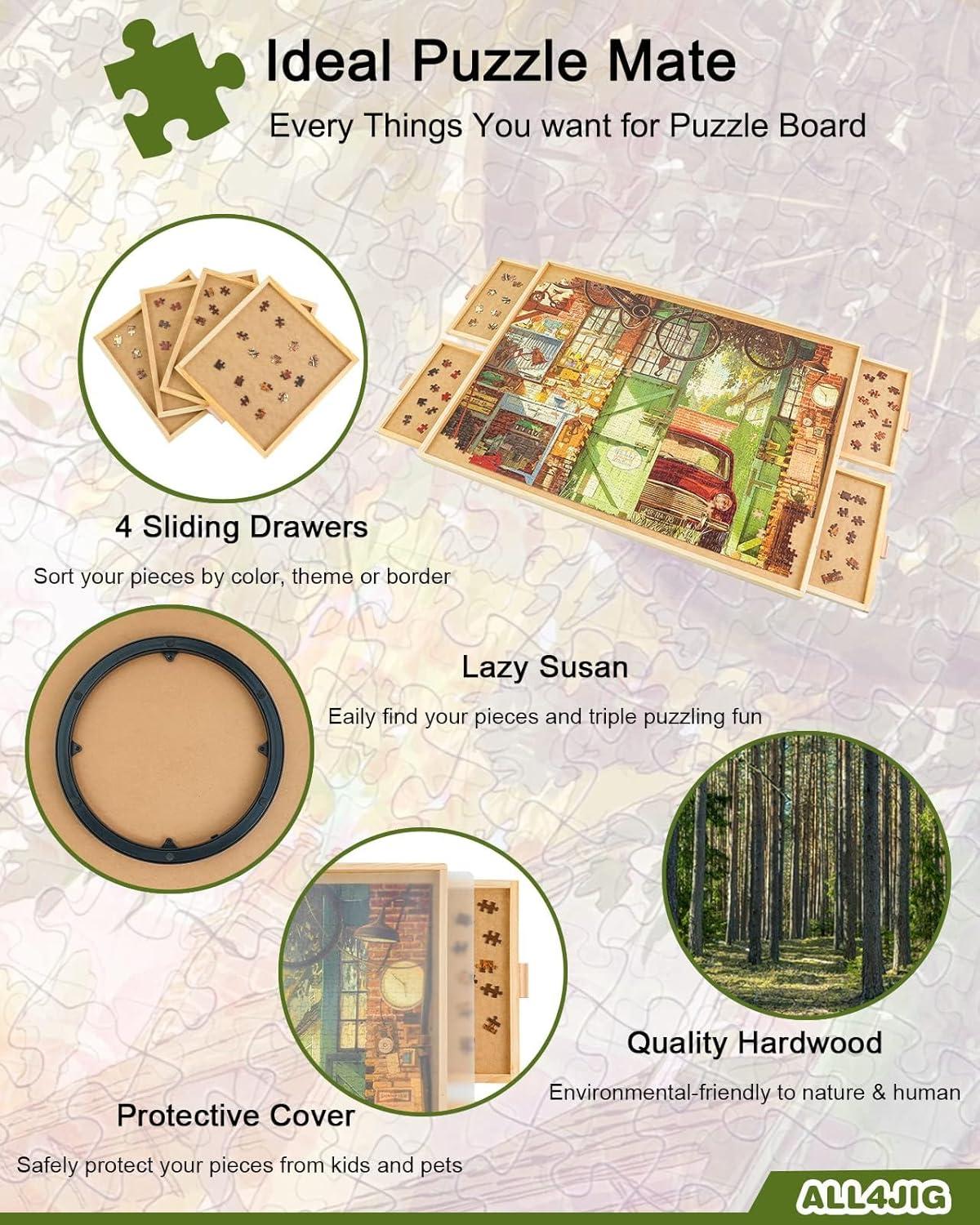 imageALL4JIG 1000 Piece Rotating Puzzle Board with Drawers 22quotx30quotPortable Wooden Jigsaw Puzzle Table for Adults PortableLazy Susan Spinning Puzzle Boards Birthday Gift for momNatural Wood