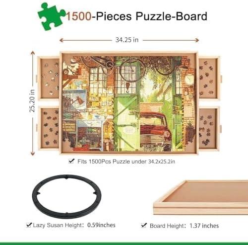 imageALL4JIG 1000 Piece Rotating Puzzle Board with Drawers 22quotx30quotPortable Wooden Jigsaw Puzzle Table for Adults PortableLazy Susan Spinning Puzzle Boards Birthday Gift for momNatural Wood