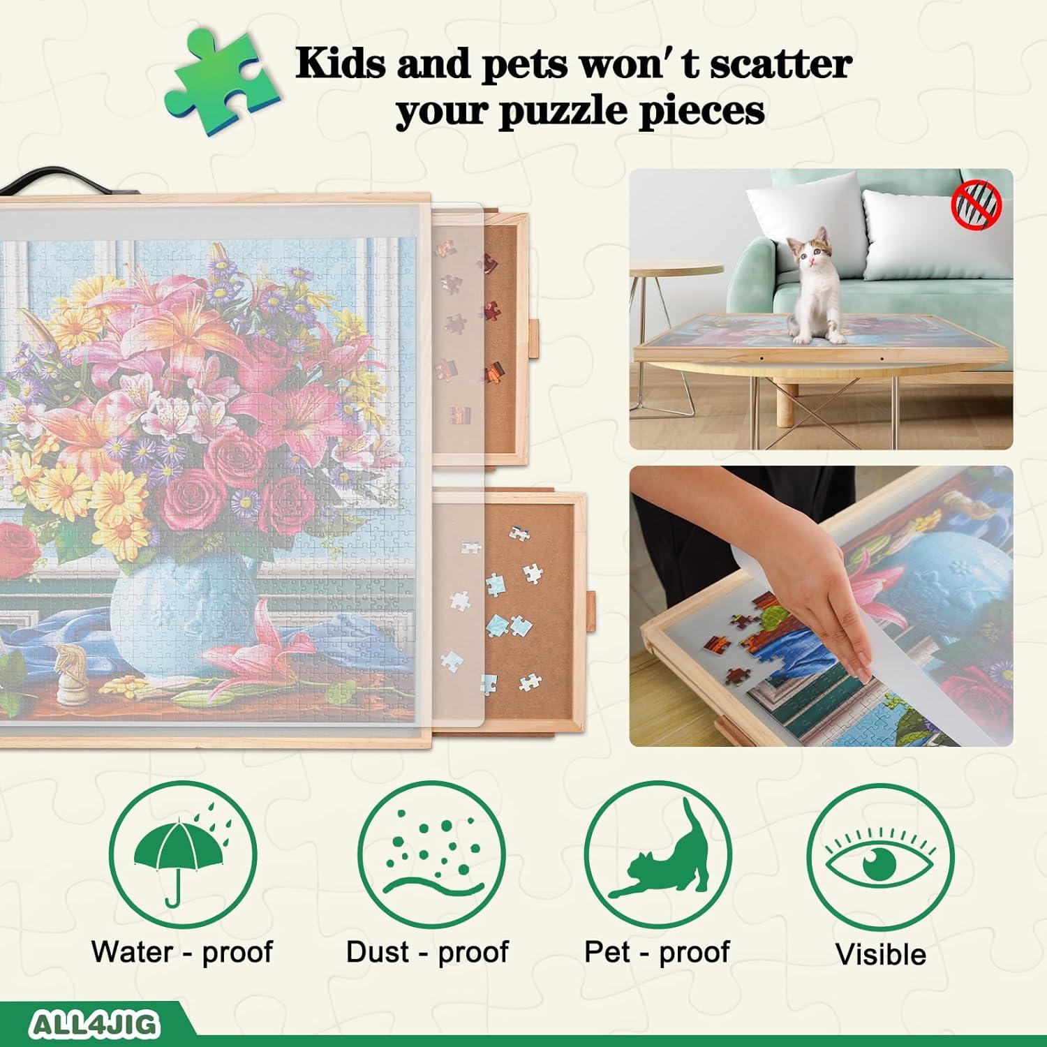 imageALL4JIG 1500 Pieces 2in1 Tilting ampamp Rotating Puzzle Board for Adults Gifts Wooden Jigsaw Puzzle Table with 4 Drawers Portable Board with Lazy Susan and Cover 252quot x 342quotIron