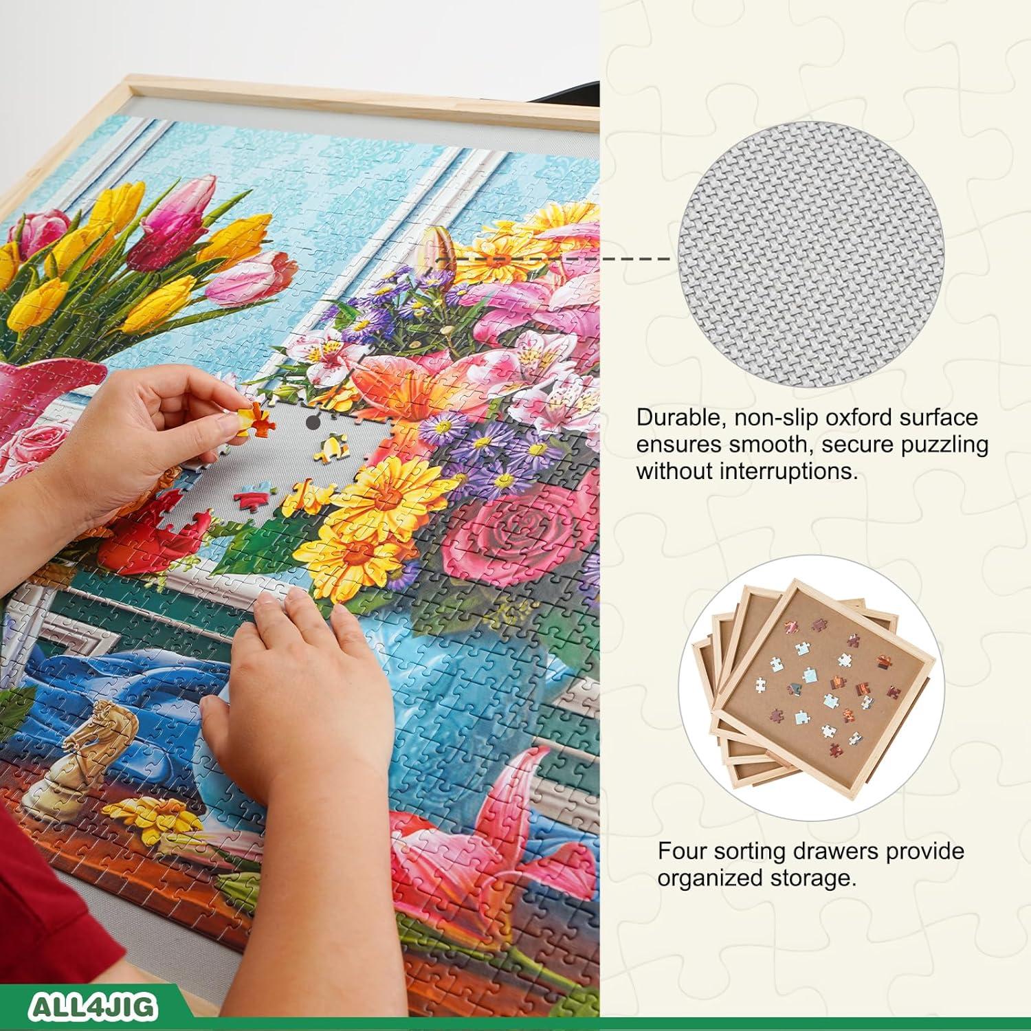 imageALL4JIG 1500 Pieces 2in1 Tilting ampamp Rotating Puzzle Board for Adults Gifts Wooden Jigsaw Puzzle Table with 4 Drawers Portable Board with Lazy Susan and Cover 252quot x 342quotIron