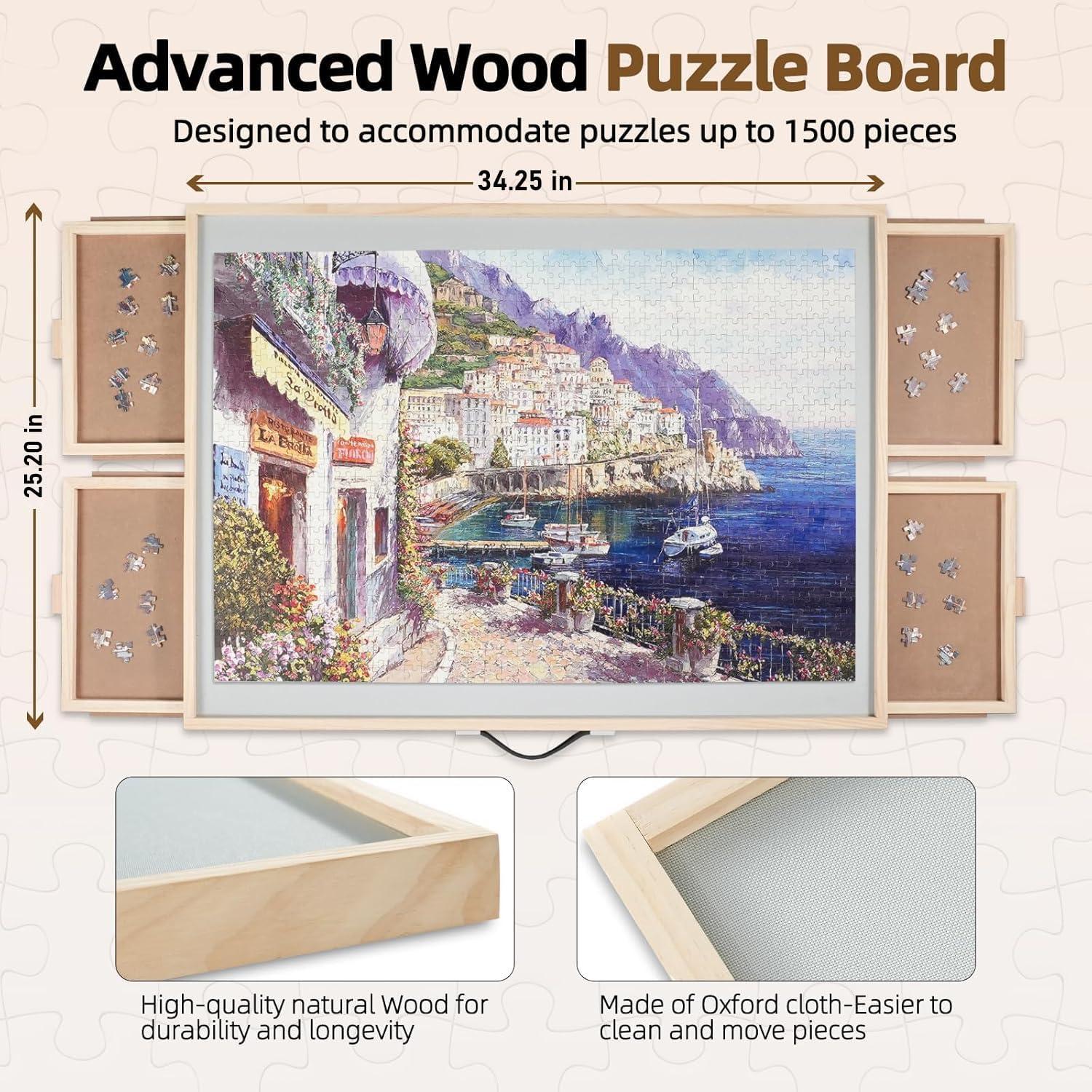 imageALL4JIG 1500 Pieces 2in1 Tilting ampamp Rotating Puzzle Board for Adults Gifts Wooden Jigsaw Puzzle Table with 4 Drawers Portable Board with Lazy Susan and Cover 252quot x 342quotMetal