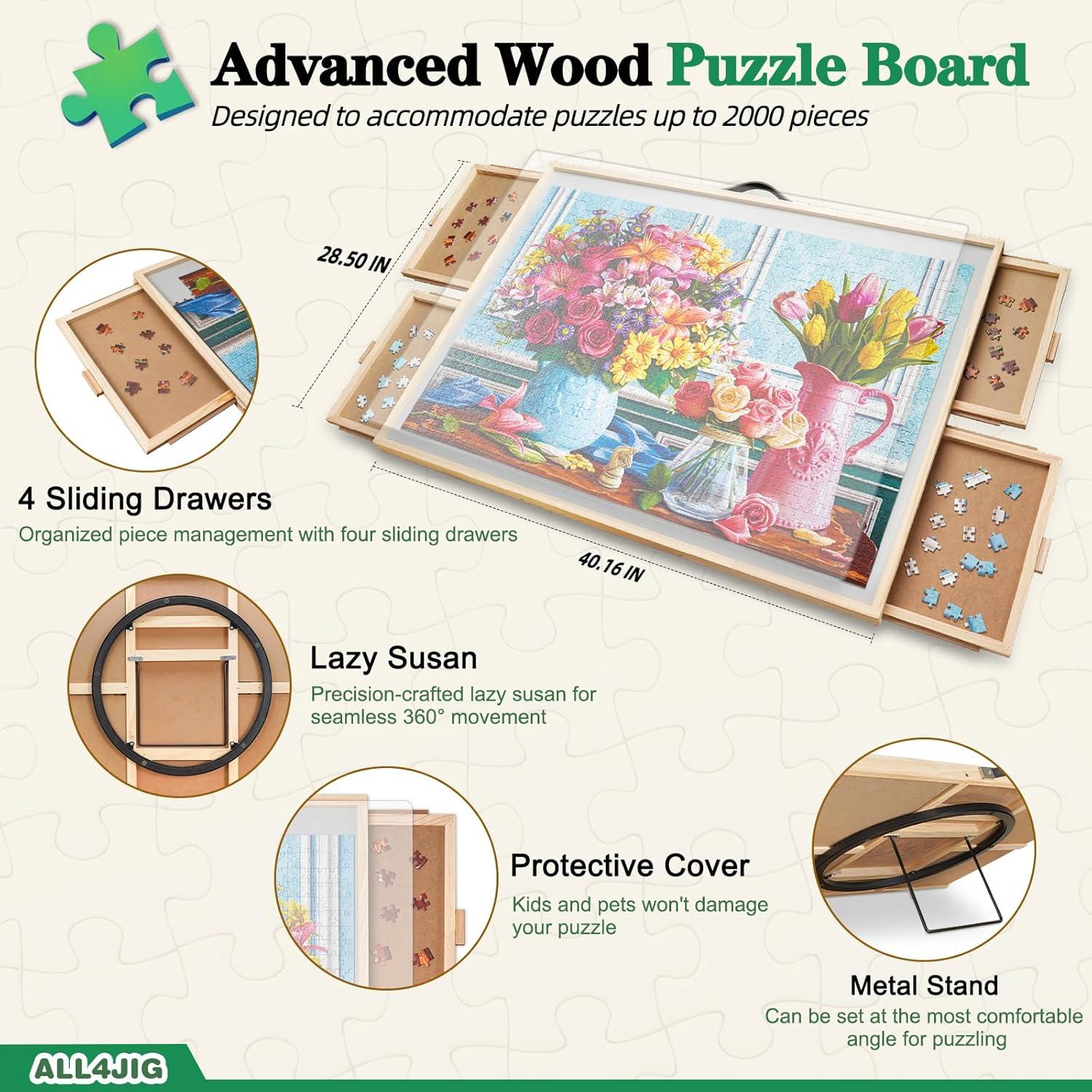 imageALL4JIG 1500 Pieces 2in1 Tilting ampamp Rotating Puzzle Board for Adults Gifts Wooden Jigsaw Puzzle Table with 4 Drawers Portable Board with Lazy Susan and Cover 252quot x 342quotIron