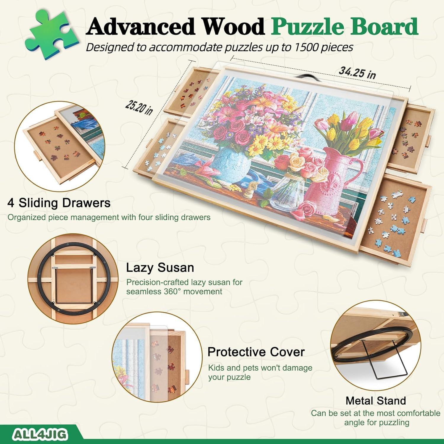 imageALL4JIG 1500 Pieces 2in1 Tilting ampamp Rotating Puzzle Board for Adults Gifts Wooden Jigsaw Puzzle Table with 4 Drawers Portable Board with Lazy Susan and Cover 252quot x 342quotIron