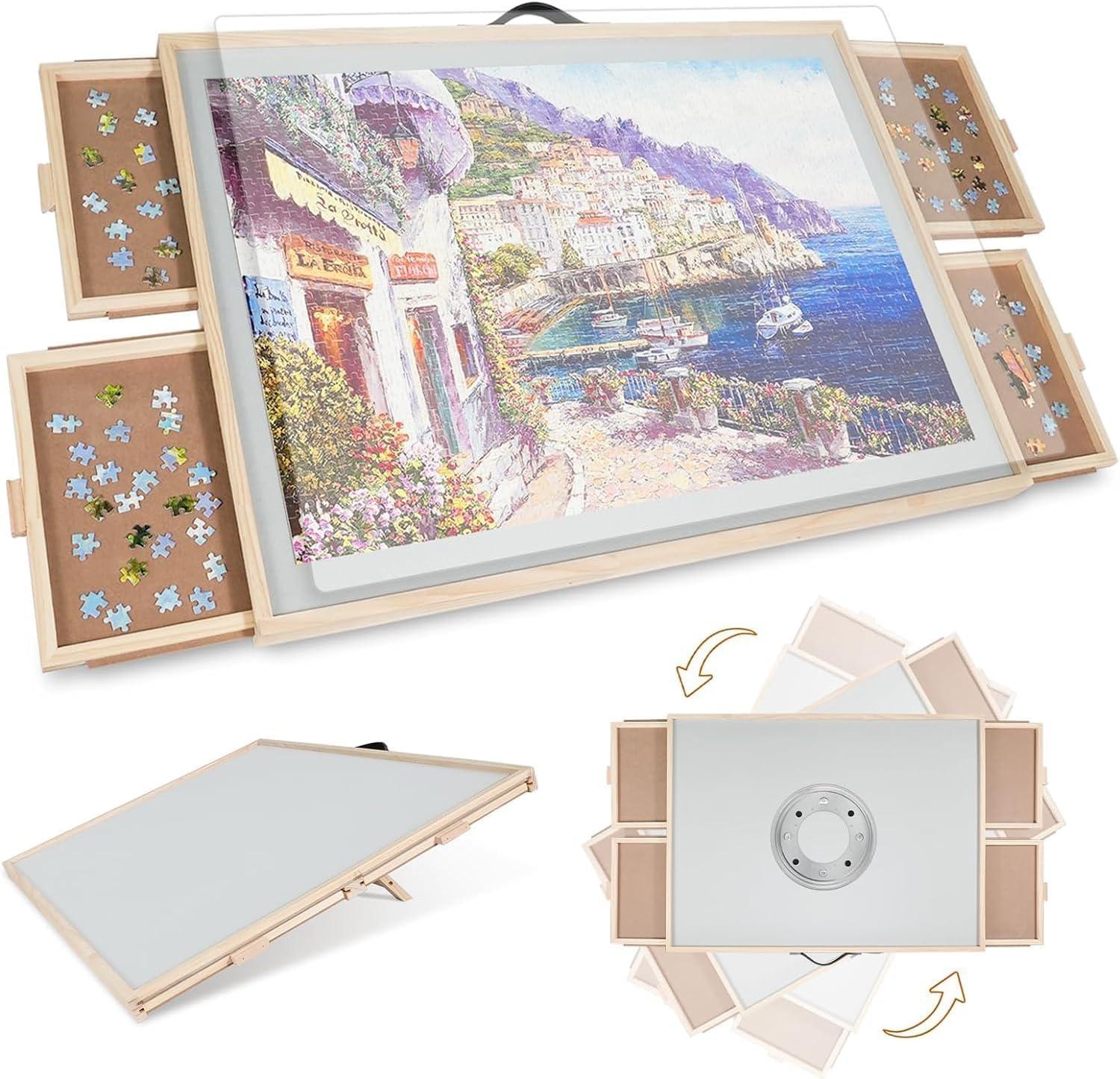 imageALL4JIG 1500 Pieces 2in1 Tilting ampamp Rotating Puzzle Board for Adults Gifts Wooden Jigsaw Puzzle Table with 4 Drawers Portable Board with Lazy Susan and Cover 252quot x 342quotMetal