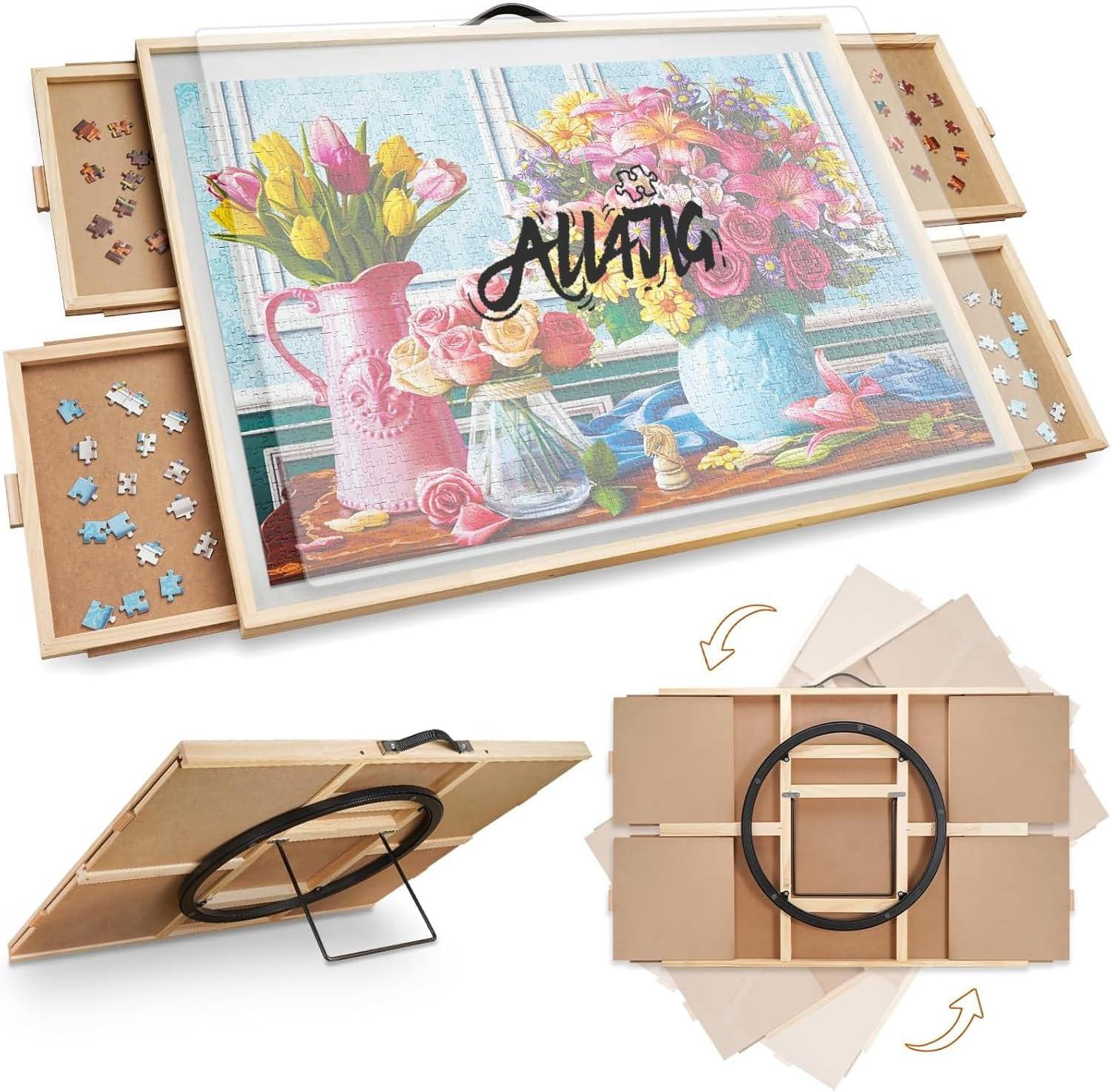imageALL4JIG 1500 Pieces 2in1 Tilting ampamp Rotating Puzzle Board for Adults Gifts Wooden Jigsaw Puzzle Table with 4 Drawers Portable Board with Lazy Susan and Cover 252quot x 342quotIron