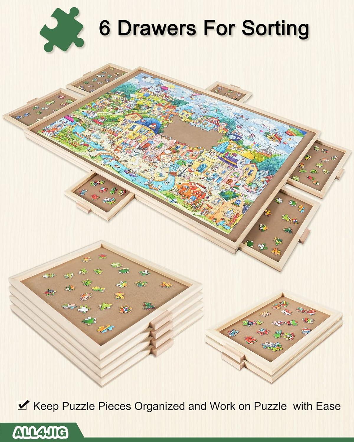 imageALL4JIG 1500 Pieces Rotating Puzzle Board with 6 Drawers and Cover25quotx34quotPortable Wooden Jigsaw Puzzle Table for AdultsLazy Susan Spinning Puzzle Boards Birthday Gift for momLarge2000pcs