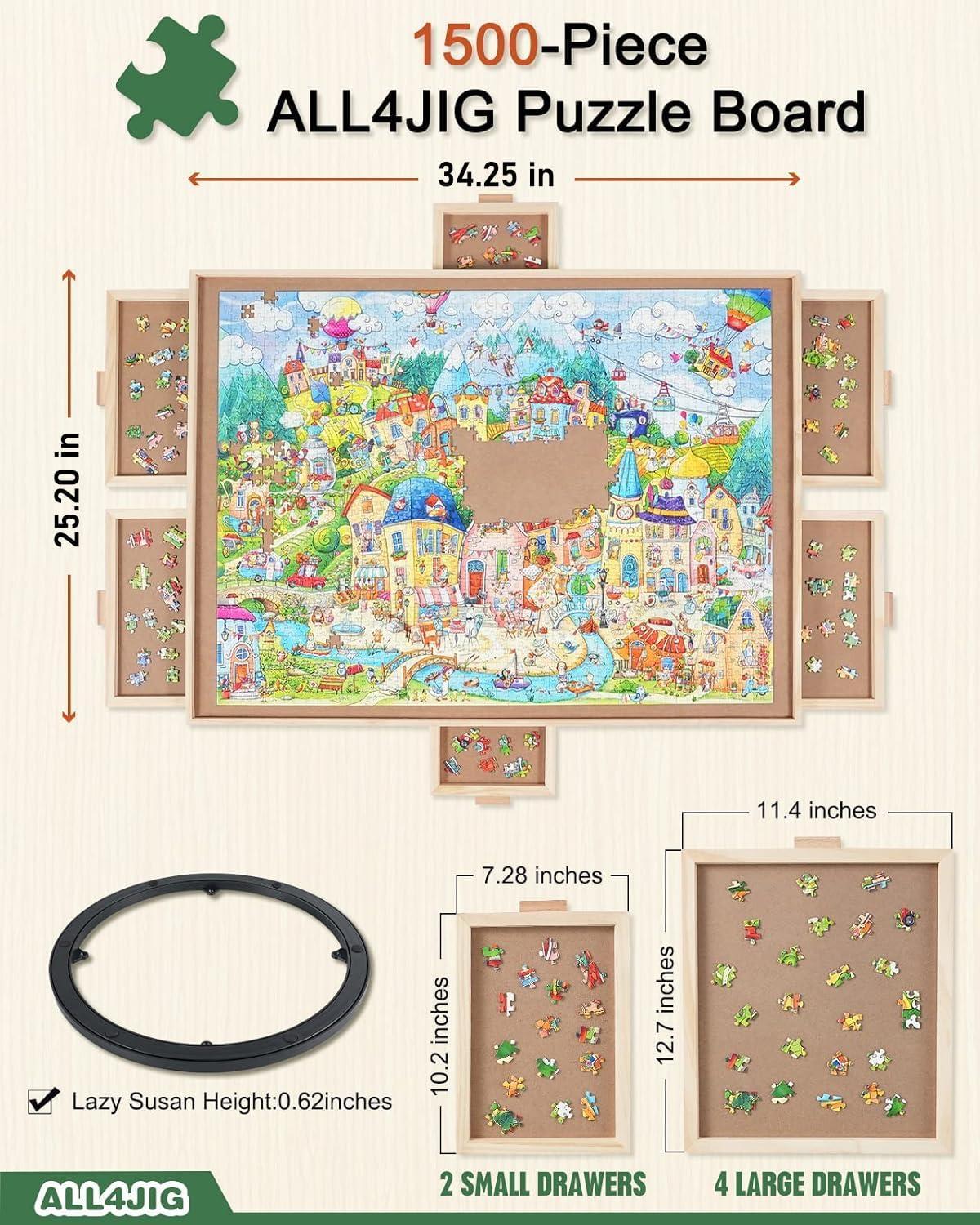 imageALL4JIG 1500 Pieces Rotating Puzzle Board with 6 Drawers and Cover25quotx34quotPortable Wooden Jigsaw Puzzle Table for AdultsLazy Susan Spinning Puzzle Boards Birthday Gift for momMedium1500pcs