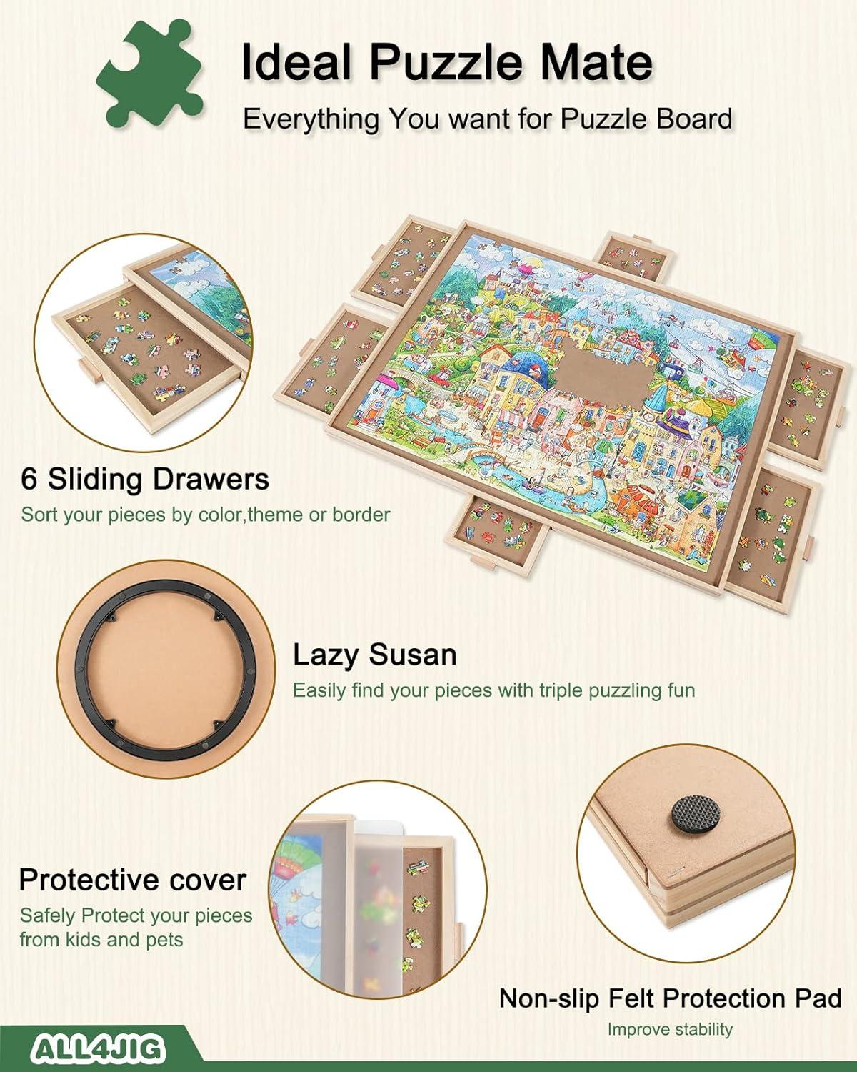 imageALL4JIG 1500 Pieces Rotating Puzzle Board with 6 Drawers and Cover25quotx34quotPortable Wooden Jigsaw Puzzle Table for AdultsLazy Susan Spinning Puzzle Boards Birthday Gift for momLarge2000pcs