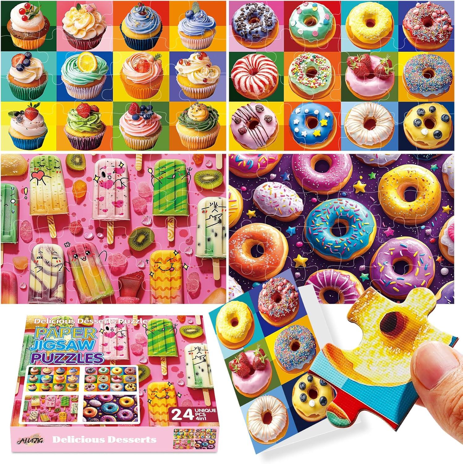 imageALL4JIG 4 in 1 Delicious Food Fun Jigsaw Puzzles for Kids Ages 48 24 Pieces 9quot  6quot Christmas Secret Santa Gift White Elephant Gifts for Girls and Boys Learning EducationalDelicious Food