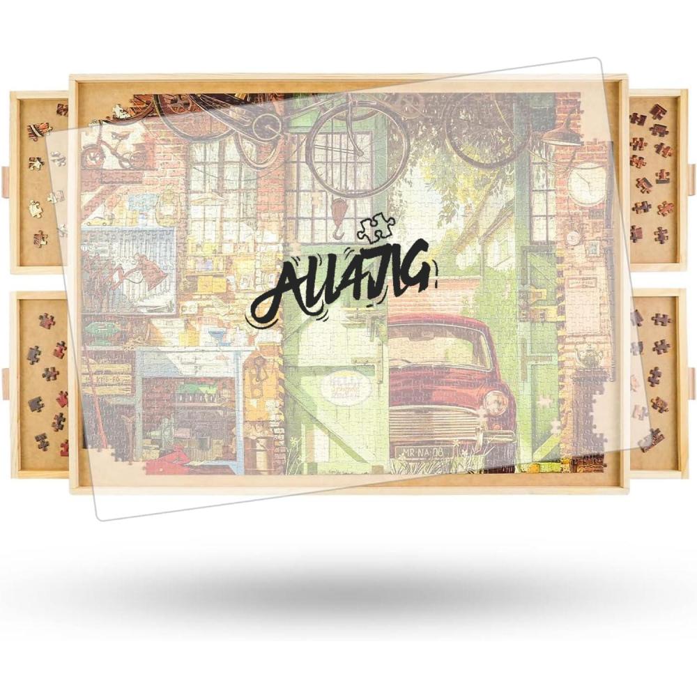 imageALL4JIG 1000 Piece Rotating Puzzle Board with Drawers 22quotx30quotPortable Wooden Jigsaw Puzzle Table for Adults PortableLazy Susan Spinning Puzzle Boards Birthday Gift for momNatural Wood