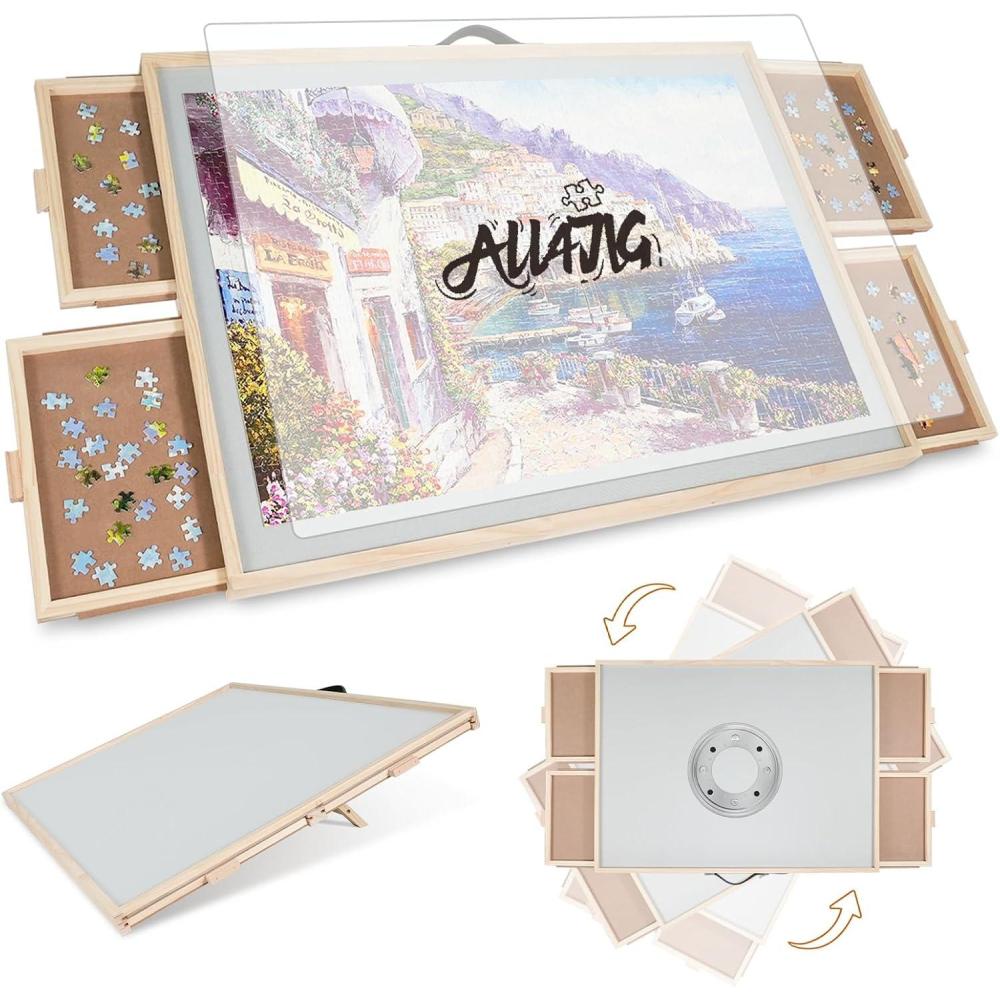 imageALL4JIG 1500 Pieces 2in1 Tilting ampamp Rotating Puzzle Board for Adults Gifts Wooden Jigsaw Puzzle Table with 4 Drawers Portable Board with Lazy Susan and Cover 252quot x 342quotMetal