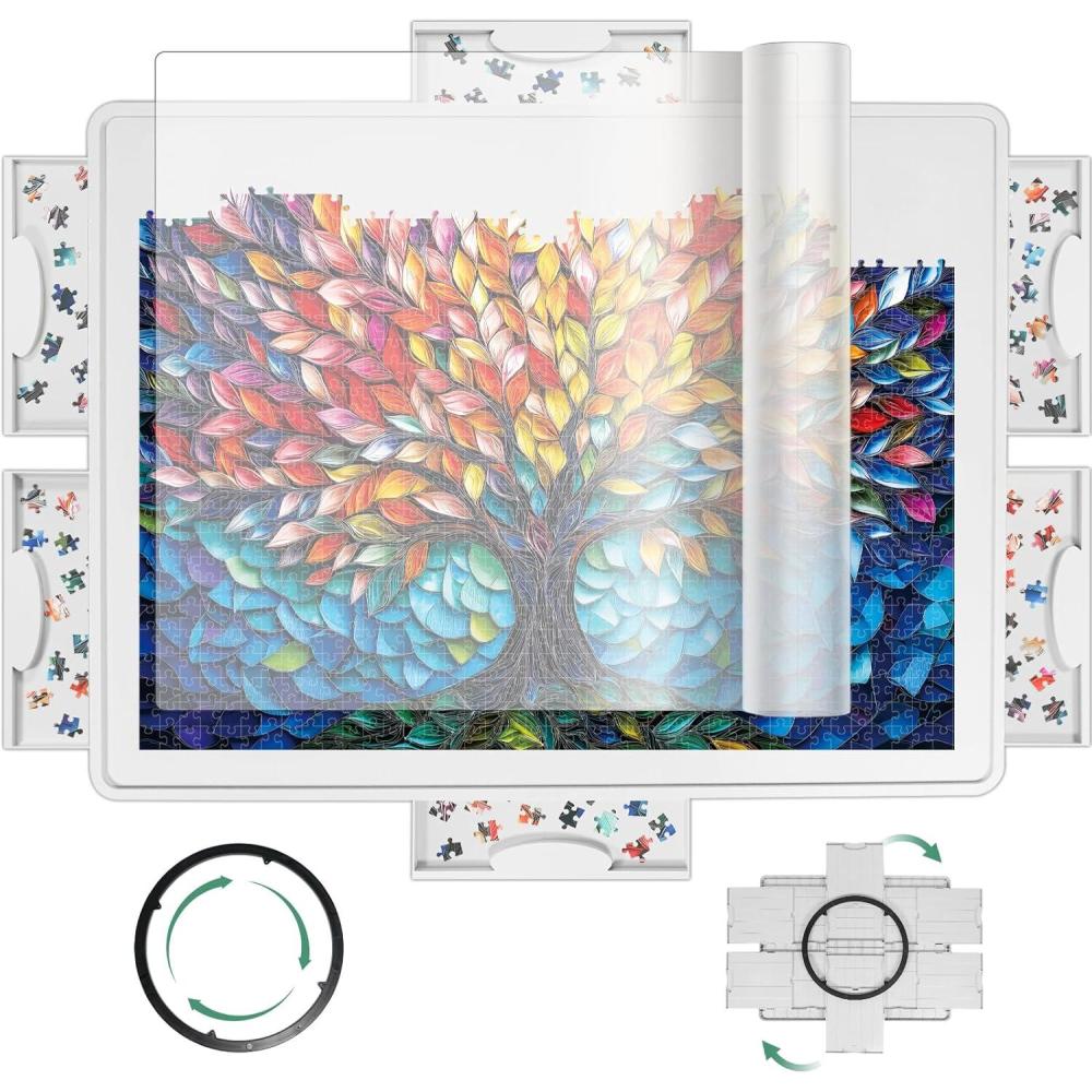 imageALL4JIG 1500 Pieces Lightweight Rotating Plastic Puzzle Board with 6 Sliding Drawers and Protective Cover 360 Lazy Susan Design 3425quotx2638quot Portable Spinning Puzzle Table for Adults Ideal Gift