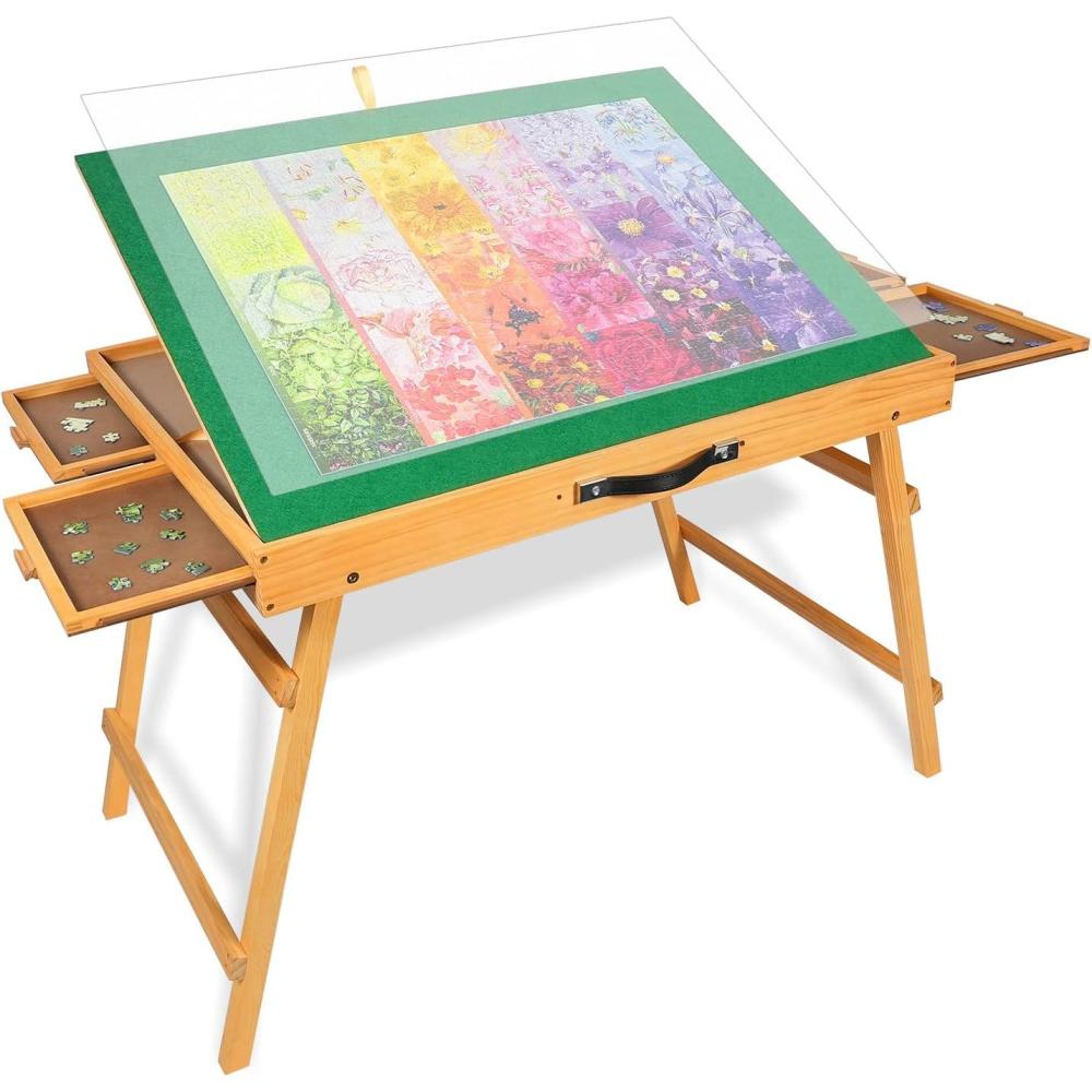 imageALL4JIG Jigsaw Puzzle Table with Legs for 1500 PiecesAdjustable Jigsaw Puzzle Board with 4 Drawers ampamp Cover25quotx34quotPortable Wooden Puzzle Table with Tilting for Adult