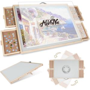 imageALL4JIG 1500 Pieces 2in1 Tilting ampamp Rotating Puzzle Board for Adults Gifts Wooden Jigsaw Puzzle Table with 4 Drawers Portable Board with Lazy Susan and Cover 252quot x 342quotMetal