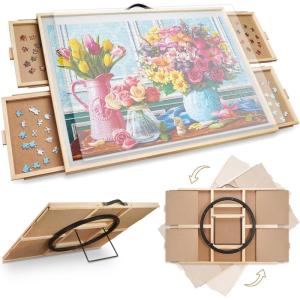 imageALL4JIG 1500 Pieces 2in1 Tilting ampamp Rotating Puzzle Board for Adults Gifts Wooden Jigsaw Puzzle Table with 4 Drawers Portable Board with Lazy Susan and Cover 252quot x 342quotIron