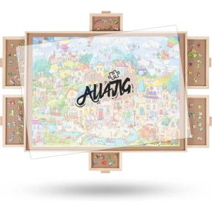 imageALL4JIG 1500 Pieces Rotating Puzzle Board with 6 Drawers and Cover25quotx34quotPortable Wooden Jigsaw Puzzle Table for AdultsLazy Susan Spinning Puzzle Boards Birthday Gift for momLarge2000pcs
